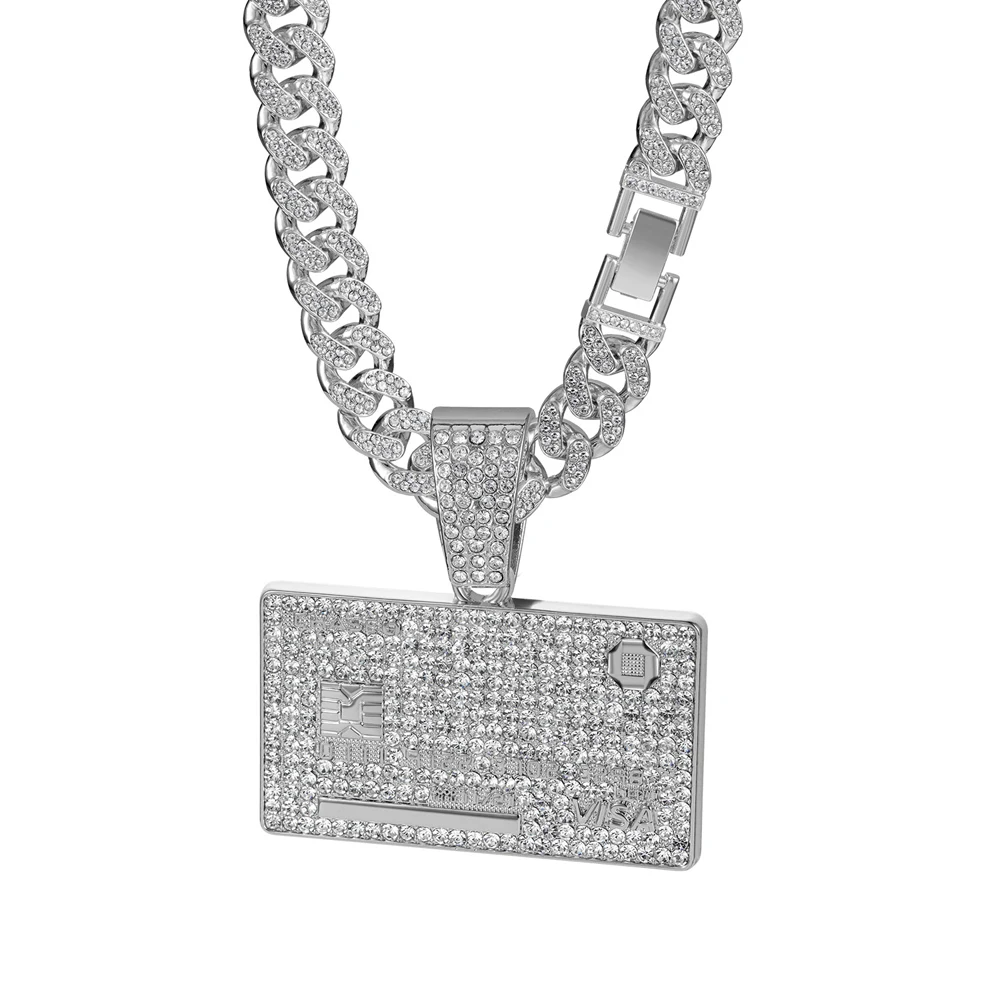 Men\'s Hip Hop Credit VISA Card Pendants With 13mm Miami Cuban Chain Iced Out Bling Bank Card Necklaces Fashion Jewelry for Woman