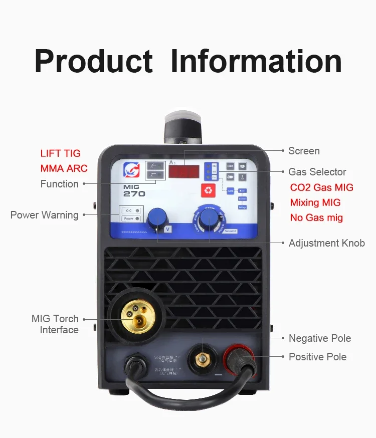 Mig 270 flux-cored  Stainless Steel Iron Steel Welder  MIG ARC TIG Functional DC Ga s No Ga s Built in wire feeder 220V