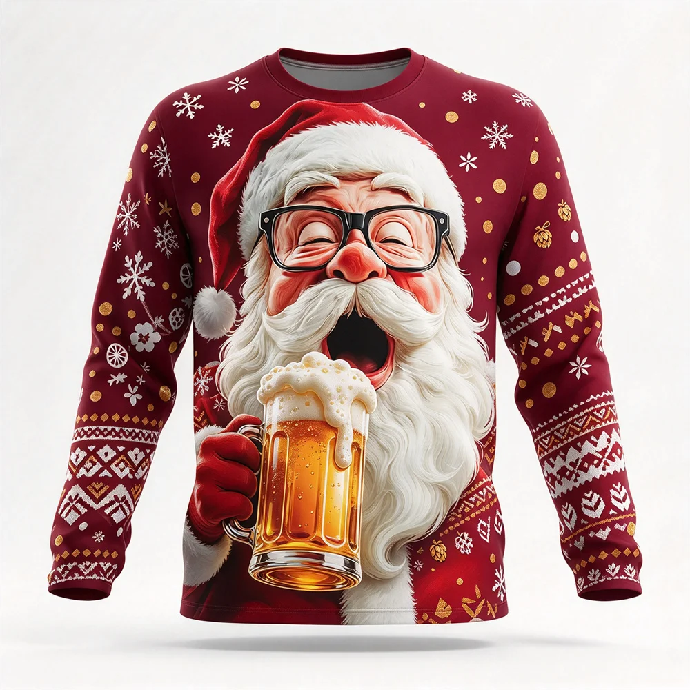 Autumn Winter Ugly Christmas Long Sleeved T-shirt Santa Claus Xmas Beer Print Cotton Comfortable Holiday Party Tops Gift for Men