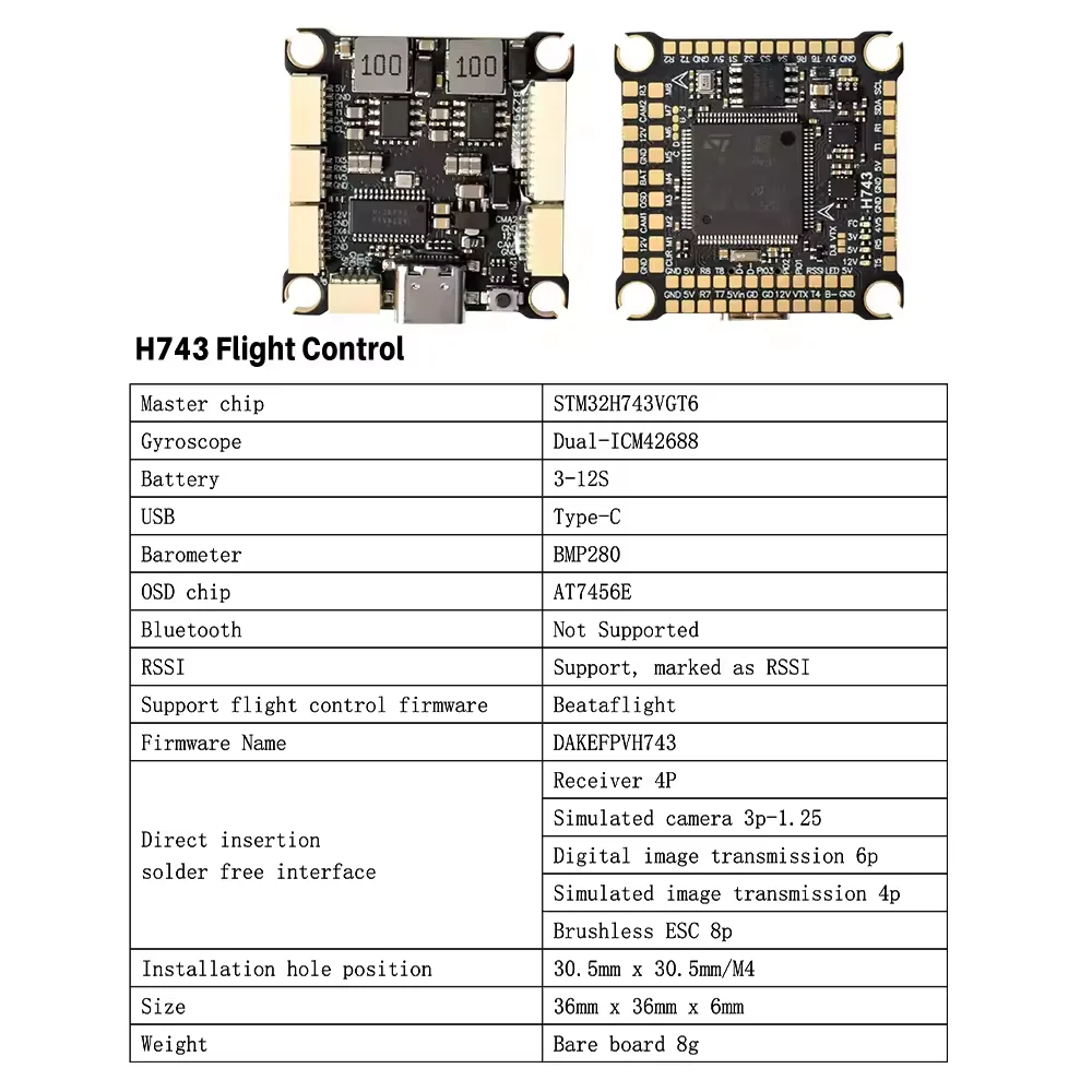 Flight Stack H743 Flight Control Elrs H743 4in1 70A/80A ESC 3-8S Lipo 30,5x30,5 мм Dual ICM42688 Gyro 7 UART для гоночного дрона на радиоуправлении