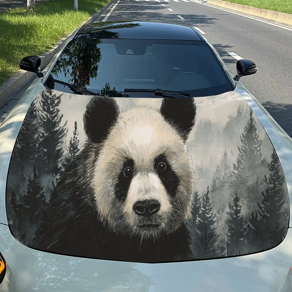 Lovely - Style Forest Panda Car Vinyl Wrap, PVC Waterproof Car Hood Sticker, Self-Adhesive Scratch-Resistant Stickers for Engine