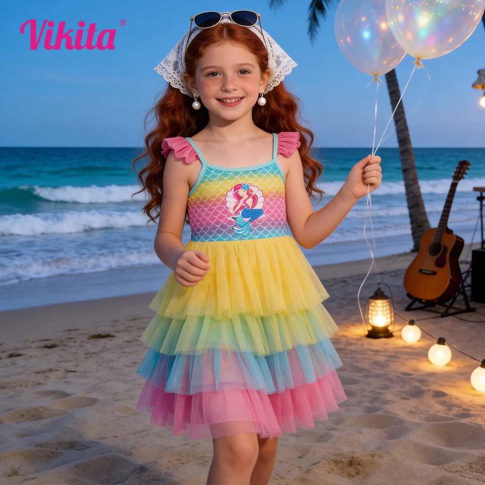VIKITA Toddlers Rainbow Mermaid Tutu Dress Kids Ombre Scale Print Spaghetti Strap Summer Dress Girls Layered Polyester Frocks