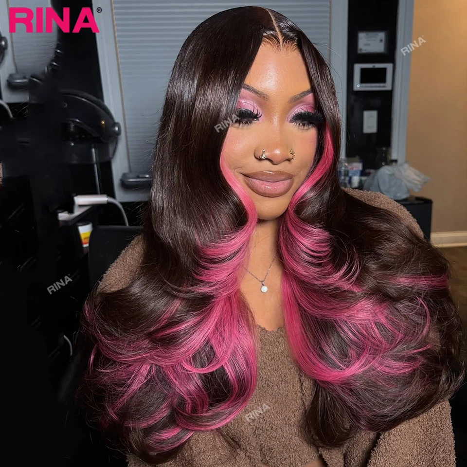 

Коричневый с розовым парик с волнистыми прядями, 13x6 HD кружевной фронтальный парик, 180% плотность, окрашенный, предварительно сформированный, бразильские 100% человеческие волосы, 13x4 кружевной фронтальный парик