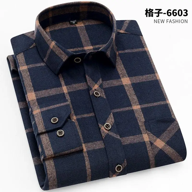 100% Cotton Flannel Men\'s Plaid Shirt Slim Fit Spring Autumn Male Brand Casual Long Sleeved Shirts Soft Comfortable 4XL