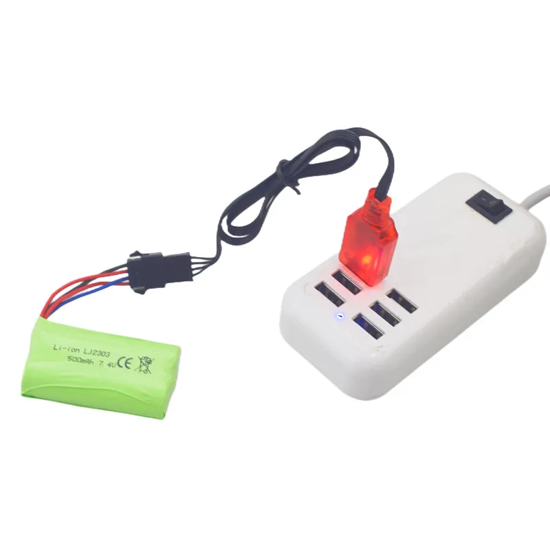 7.4V 500mAh SM-4P wtyczka kabel do ładowarki bateria z USB litowej do samochodu EC16 RC, M416 elektryczny kulka żelowa Blaster bateria zapasowa