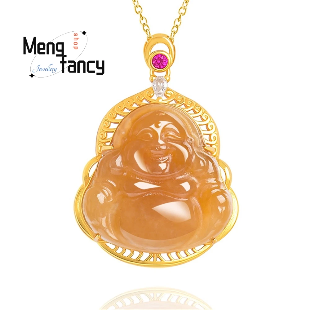

Natural Hetian Jade Sugar Material Yellow Buddha Laughing Buddha Jade S925 Silver Inlaid Pendant Fashionable Pendant Necklace
