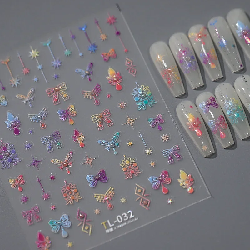 Bownet Star Pretty Laser Rainbow Color Nail Stickers Shiny Rhinestone Self Adhesive Nail Art Decals Fashionable Nail Accessories