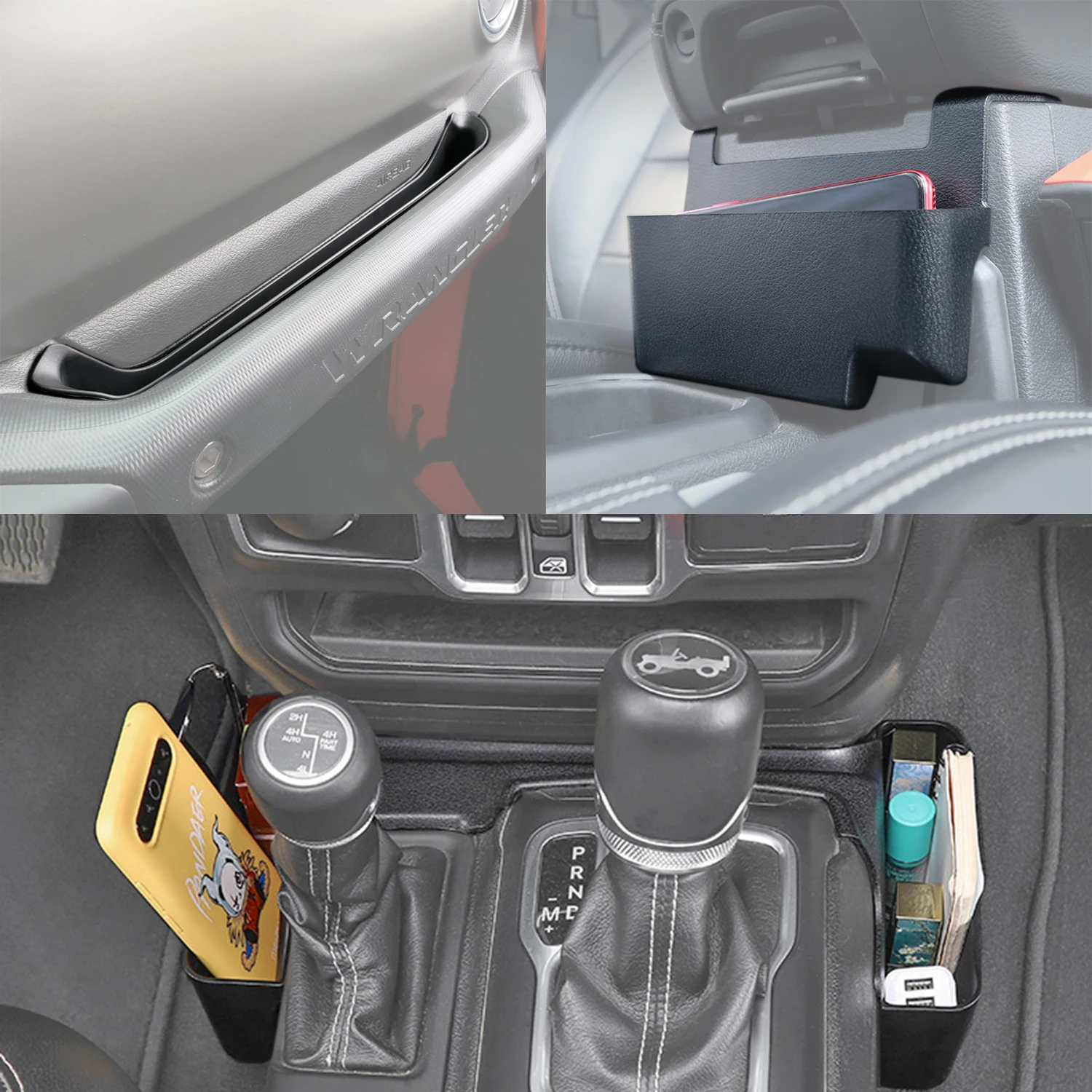 Gear Shift Side Tray Armrest Box Storage Copilot Handle Organizer for 2018-2023 Jeep Wrangler JL Interior Accessories 3pcs Kit