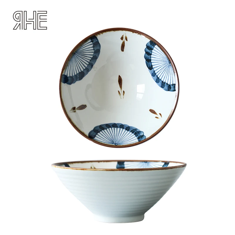 

RHE Hand Painted Ceramic ramen bowl Large ceramic fruit salad bowl Round fast food noodles Household tableware