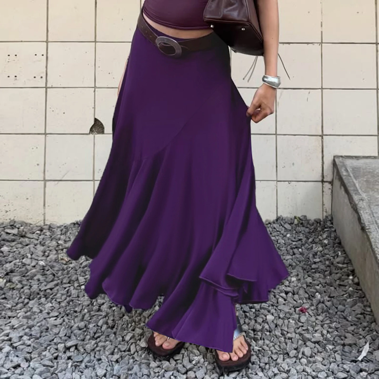 Women's Elegant Purple Low Waisted Maxi Skirt Flowy A-Line Flared Long Skirt with Elastic Waist Casual Summer Beach Dressy Skirt