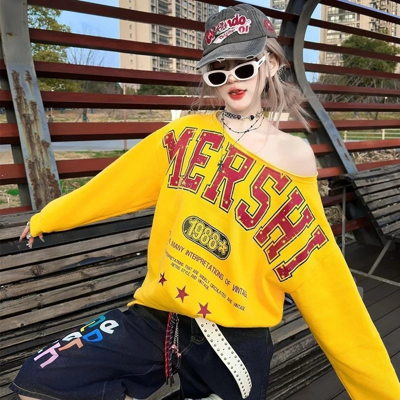 American Vintage Hot Sweet Loose Print Lettera Pullover Felpa con cappuccio anni 2000 Y2k Sottocultura Manica lunga Mezza aperta Colletto Donna T-shirt