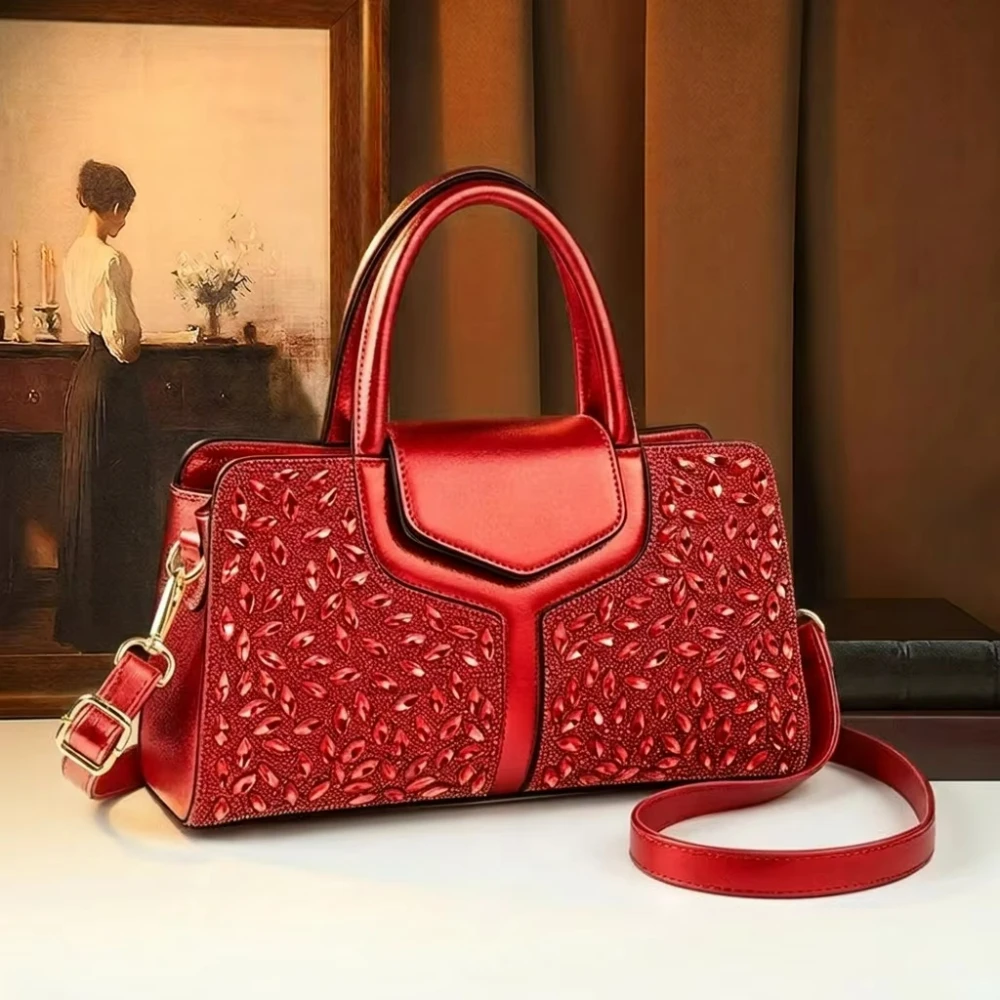 Metallic Red Rhinestone Studded Satchel, Sparkly Ruby Crystal Evening Handbag, Elegant Wedding Bridal Crossbody Shoulder Bag