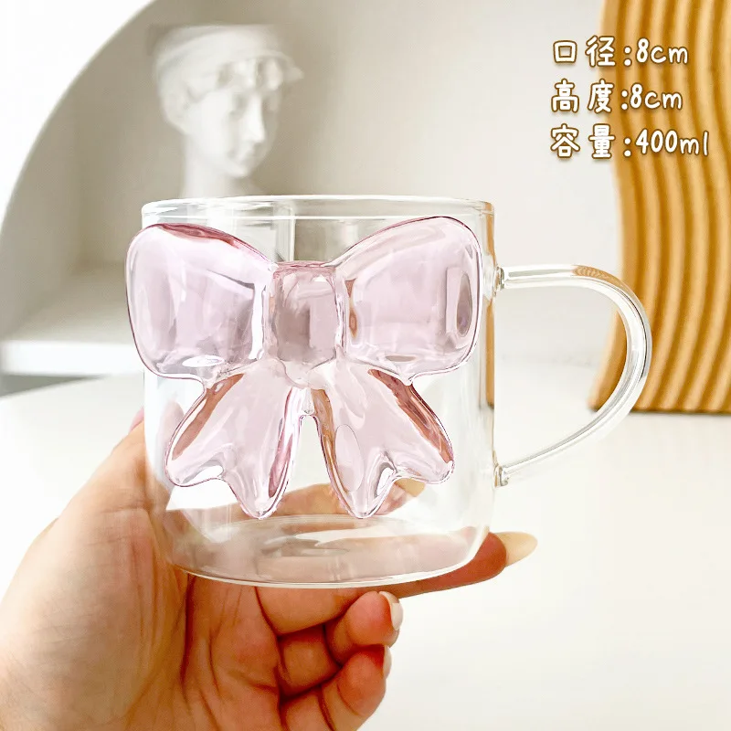 핑크 활 장식 투명 유리 컵, 귀여운 사랑스러운 커피 잔, Besties 소녀용 1 개, 13oz, 400ml