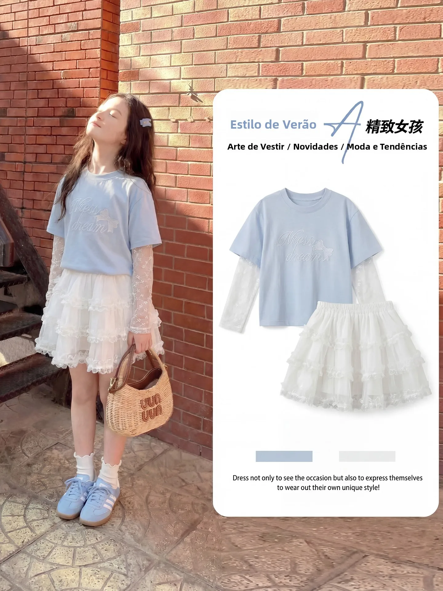 女の子用サマースカート-韓国風スイートハーフスカート-長袖メッシュトップ-通気性抜群-快適なミッドウエストケーキスカート-キッズ用