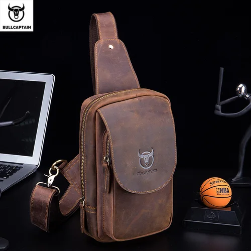 BULLCAPTAIN, bolsos cruzados para hombre, bolso de pecho de cuero Crazy Horse, bolsos cruzados de cuero para hombre, bolso de viaje corto con bolsillo con cremallera Retro para hombre