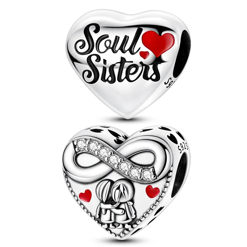 925 Sterling Silver Soul Sister Heart Friendship Charm Bead Pendant Fit Original Bracelet DIY Women Jewelry Gift Making