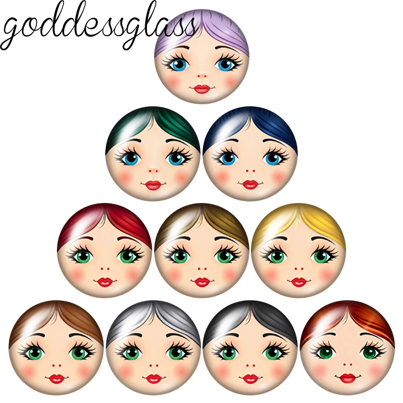 New Russian Doll Face Matryoshka Colorful Hairstyle 10pcs 12mm/18mm/20mm Round Photo Glass Cabochon Flat Back Making Findings