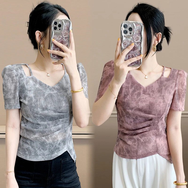 Stylowa damska koszulka z krótkim rękawem 2025 Summer New V-Neck Casual Top - elegancka młodzieżowa i wszechstronna bluzka dla drobnych pań