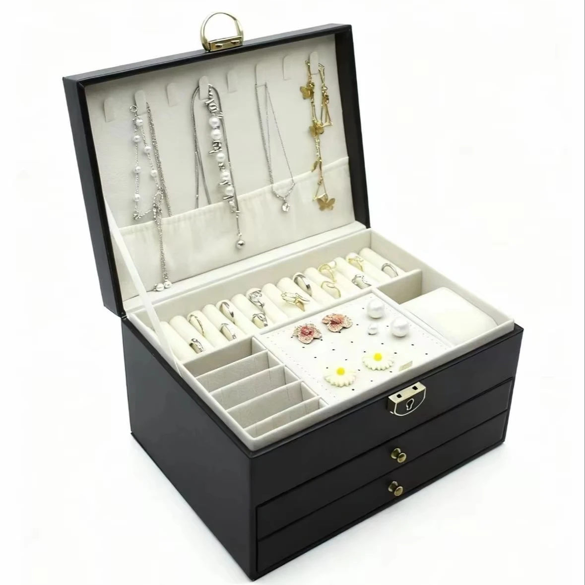 

New High-end Exquisite Three-layer Diamond Pattern Leather Jewelry Box with Metal Clasp for Displaying Jewelry.