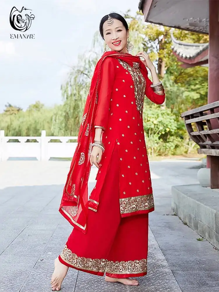 Vestido de dança indiana exótica estilo étnico feminino traje étnico diário sari lado shelby calças conjunto de duas peças