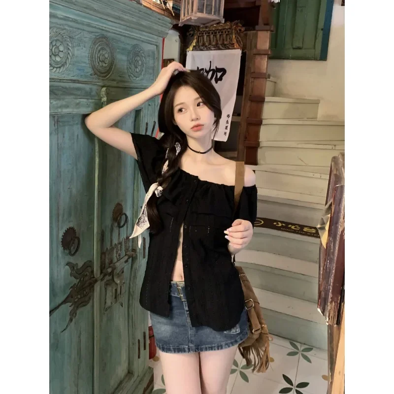 

French Ruffles Blusas Shirt For Women Oversized Blouses Ladies Beautiful Collarbone Off-Shoulder Tops New All Match Blusas