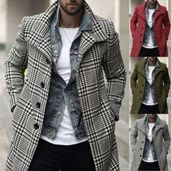 Mens Coats New Fashion Trend Lapel Single Breasted Plaid Mid Length Trench Coat for Men