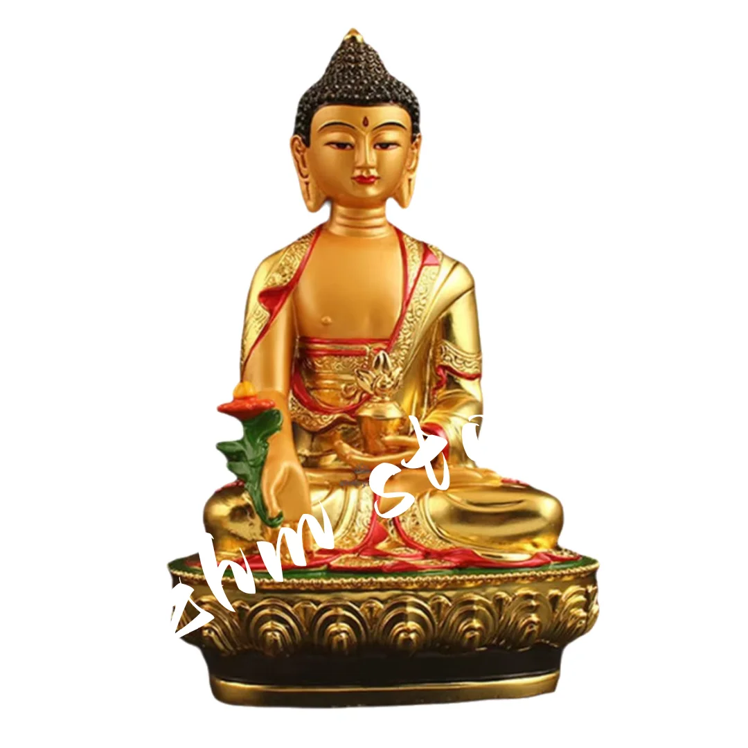 21cm Gold Plating Colored Tibetan Tranic Three Treasured Pharmacist/Medicine Buddha Statue Figurine Putting Decoration