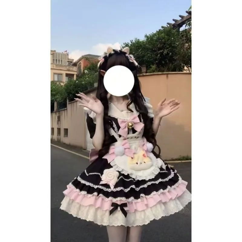 

Women's Kawaii Mini Lolita Dress Sweet Cute Bow Lace Heart-shaped Design Black Pink Dresses Maid Cosplay Outfit for Summer