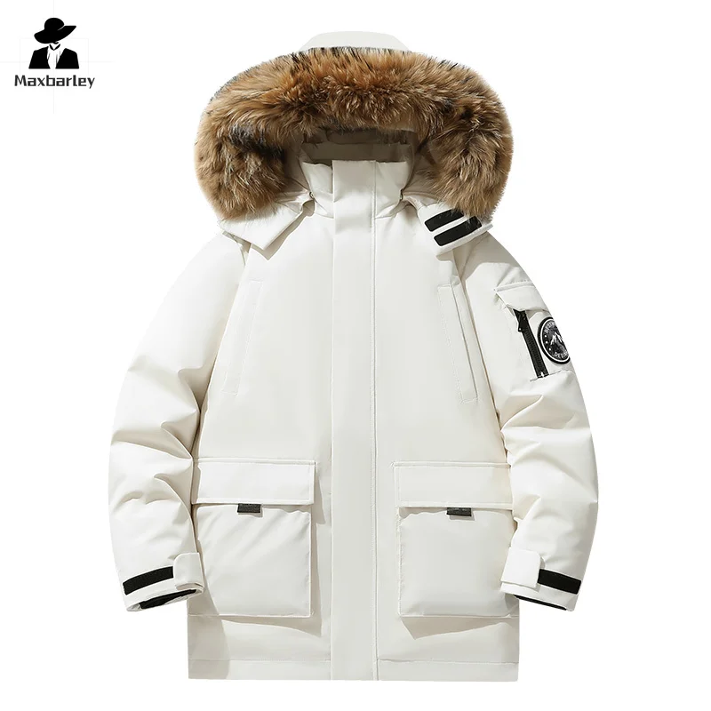 New Winter Warm Down Jacket Men's Luxury Thick Removable Wool Collar Hooded White Duck Down Parka Women Trendy Ski Puffer Jacket