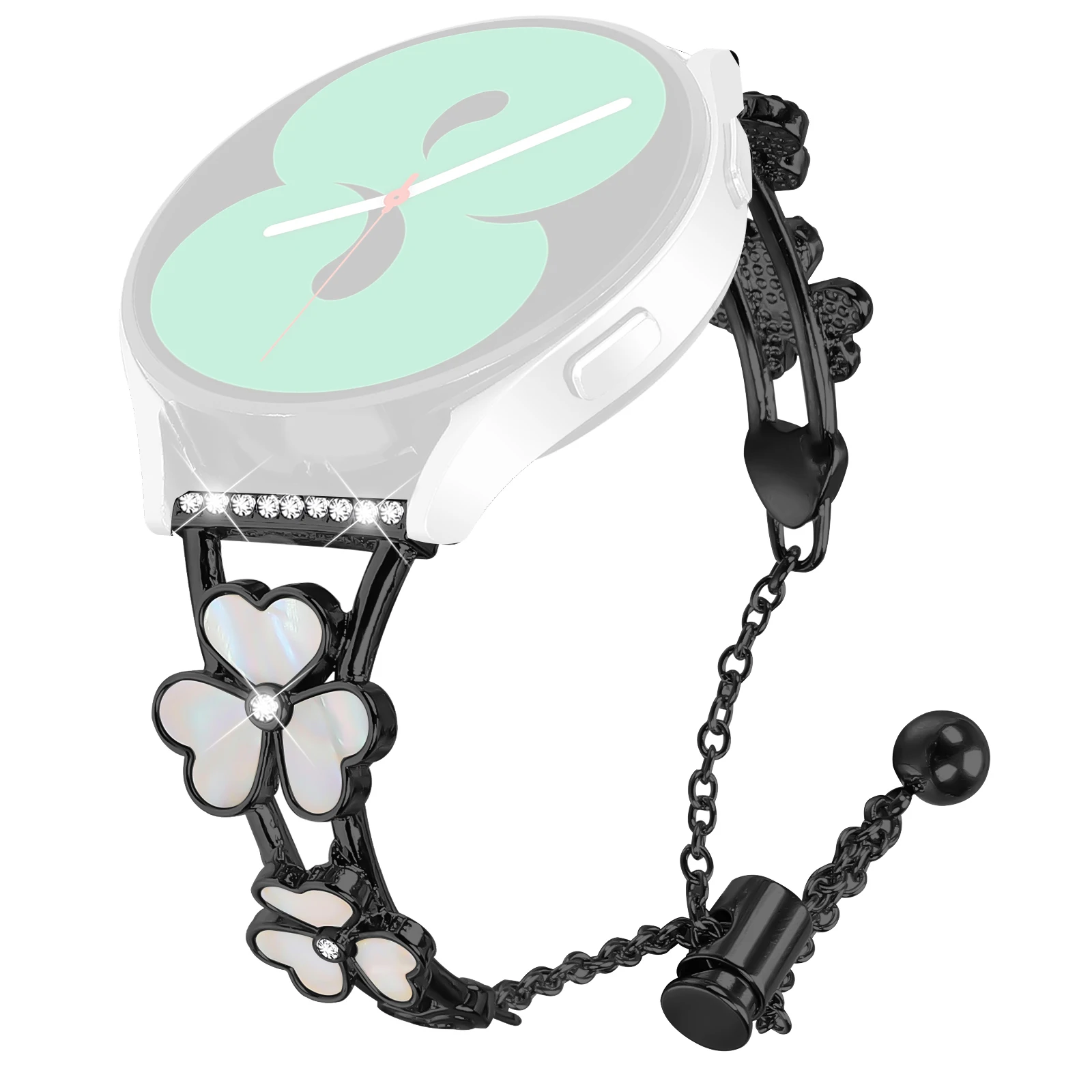 

For Huawei Watch GT 3 Pro 43mm Watchband Heart Clover Decor Zinc Alloy Metal Strap - Black