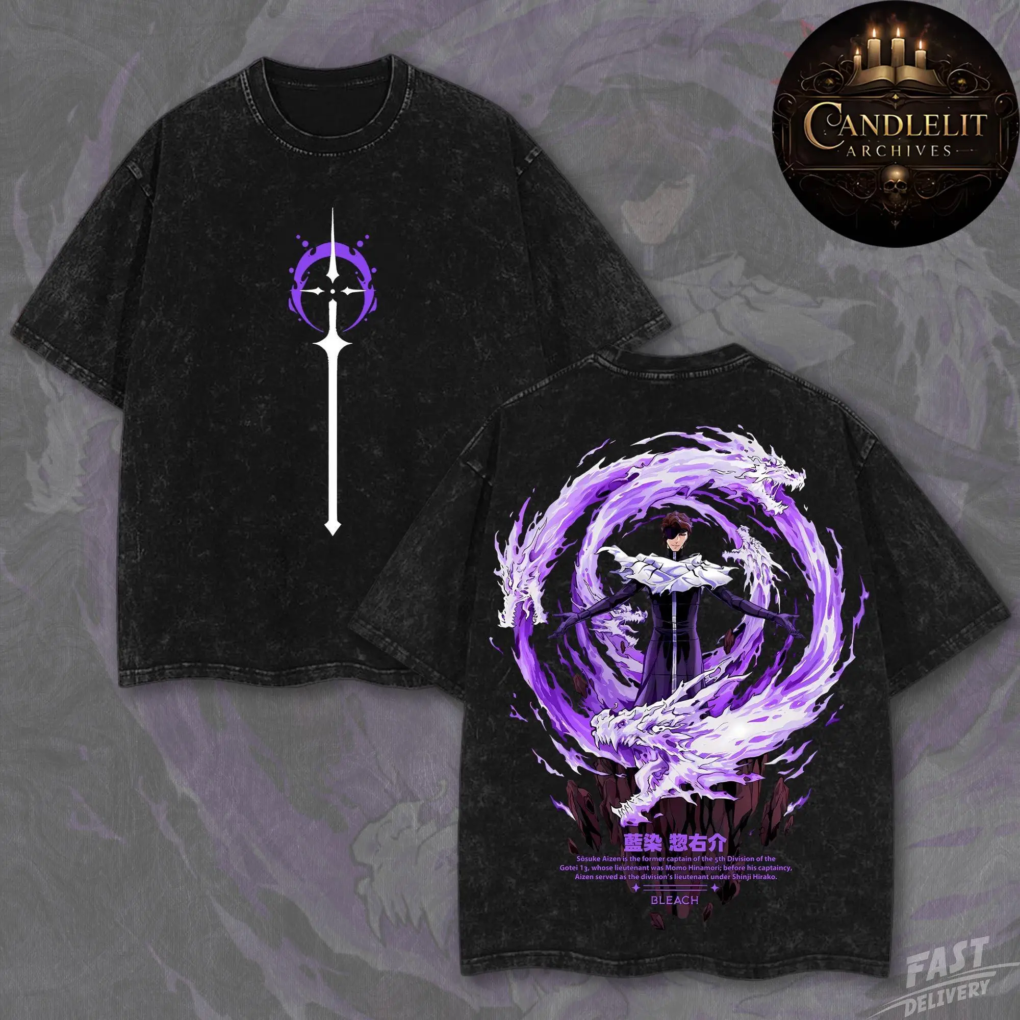 BLEACH Sosuke Aizen Short Sleeve T-Shirt Anime Manga Vintage Washed Graphic Print Kyoka Suigetsu Men Women Youth