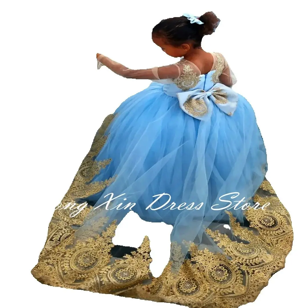 Sky Blue Pageant Flower Girls Dresses Gold Lace Appliques Long Sleeves Children Birthday Gowns Ball Gown Kids Ball Wedding Dress