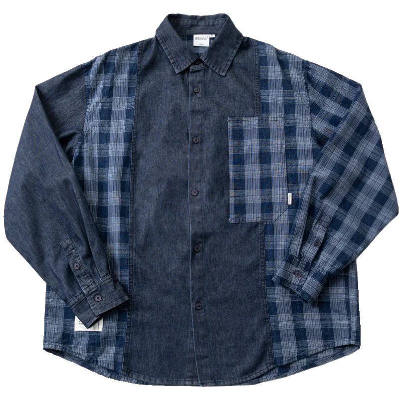 

Japanese Style Loose Shoulder Sleeves with Spring Autumn Checkered Patchwork Denim Long Sleeved Shirt for Men and Women