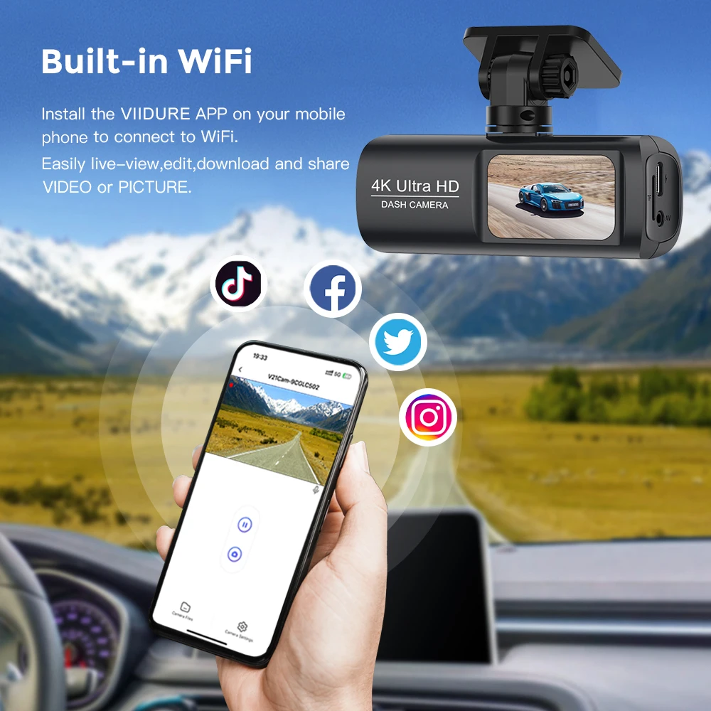 Motur 4K WIFI Dash Cam Mini Car DVR Front and Rear Dual Lens Auto Car Camera with Night Vision G-Sensor 24H Parking Monitor