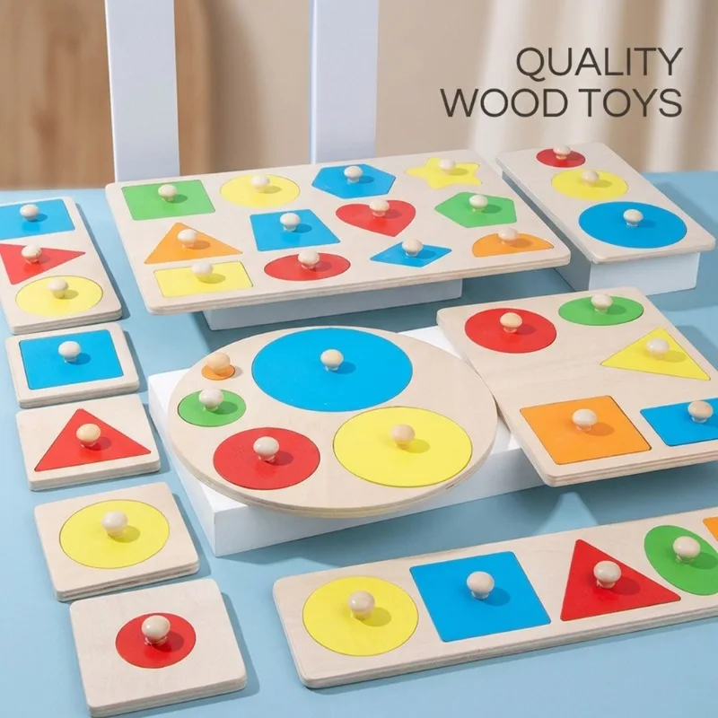 Kids Early Education Geometric Shape Puzzle Board Toy Round Triangle Pegboard Hand Grasp Panel Early Learning Cognitive