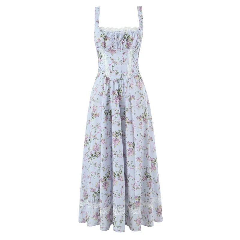 

New 2025 summer ethnic style floral print sleepveless strap long dress