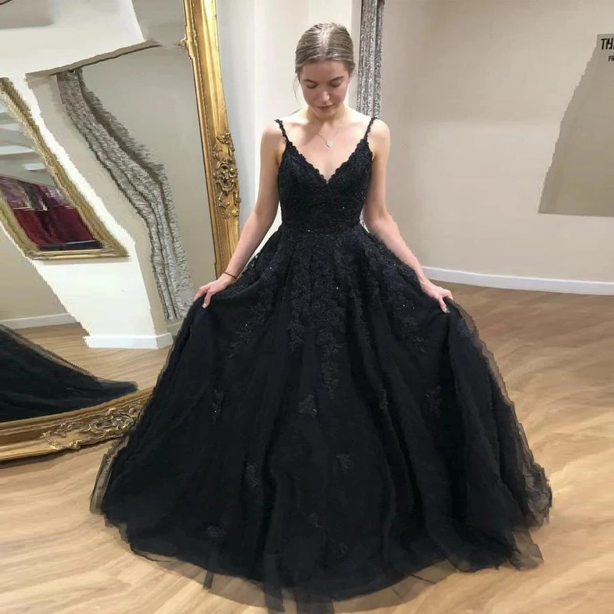 Robe de Bal Noire Personnalisée avec Col en V pour Fille, Tenue Formelle en Dentelle, Bretelles Spaghetti, Tulle, Fermeture Éclair au Dos