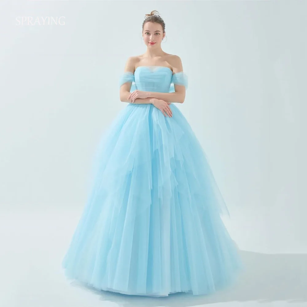 

SPRAYING Fairy Blue Tulle Corset Evening Dress Korea Wedding Photo Shoot Strapless A line Long Bridal Party Dress Customized