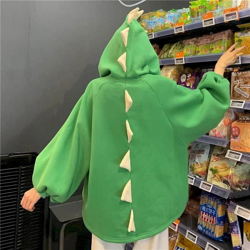 

Hoodie Dinosaur Sweater Women 2022 Loose Korean Sculpture Girlfriend Autumn and Winter Sisters Outfit Plus Fleece Hooded Jacket