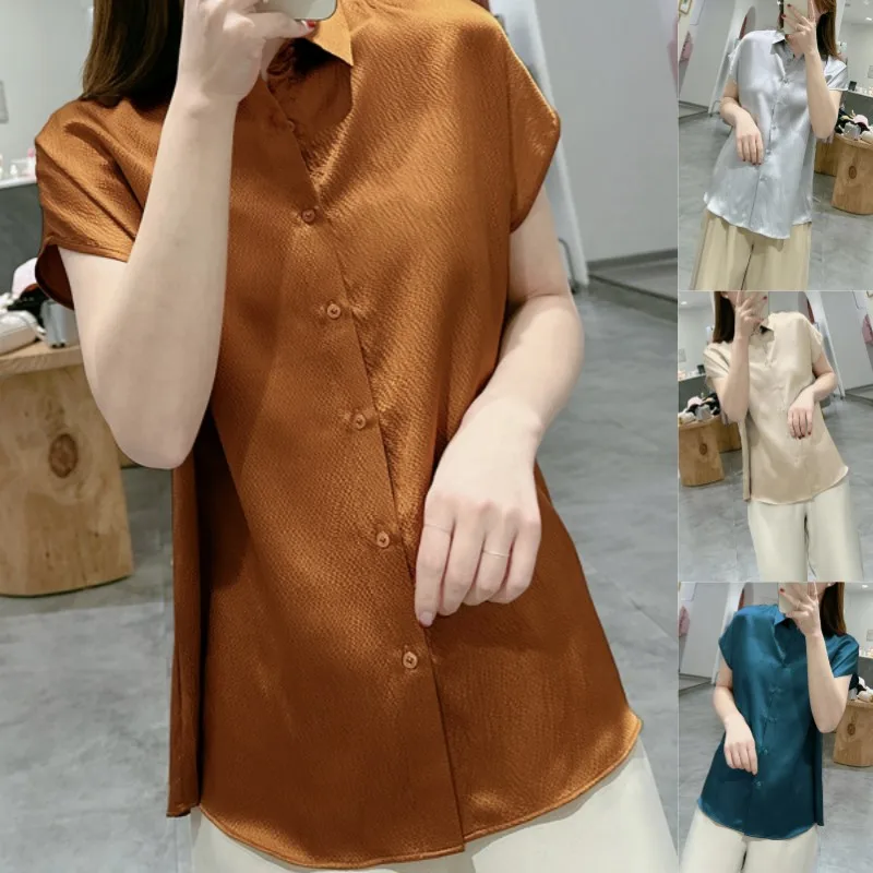 Birdsky, 1PC Women short sleeve shirts Top buttons 22MM real mulberry silk pearl satin solid colors. S-562