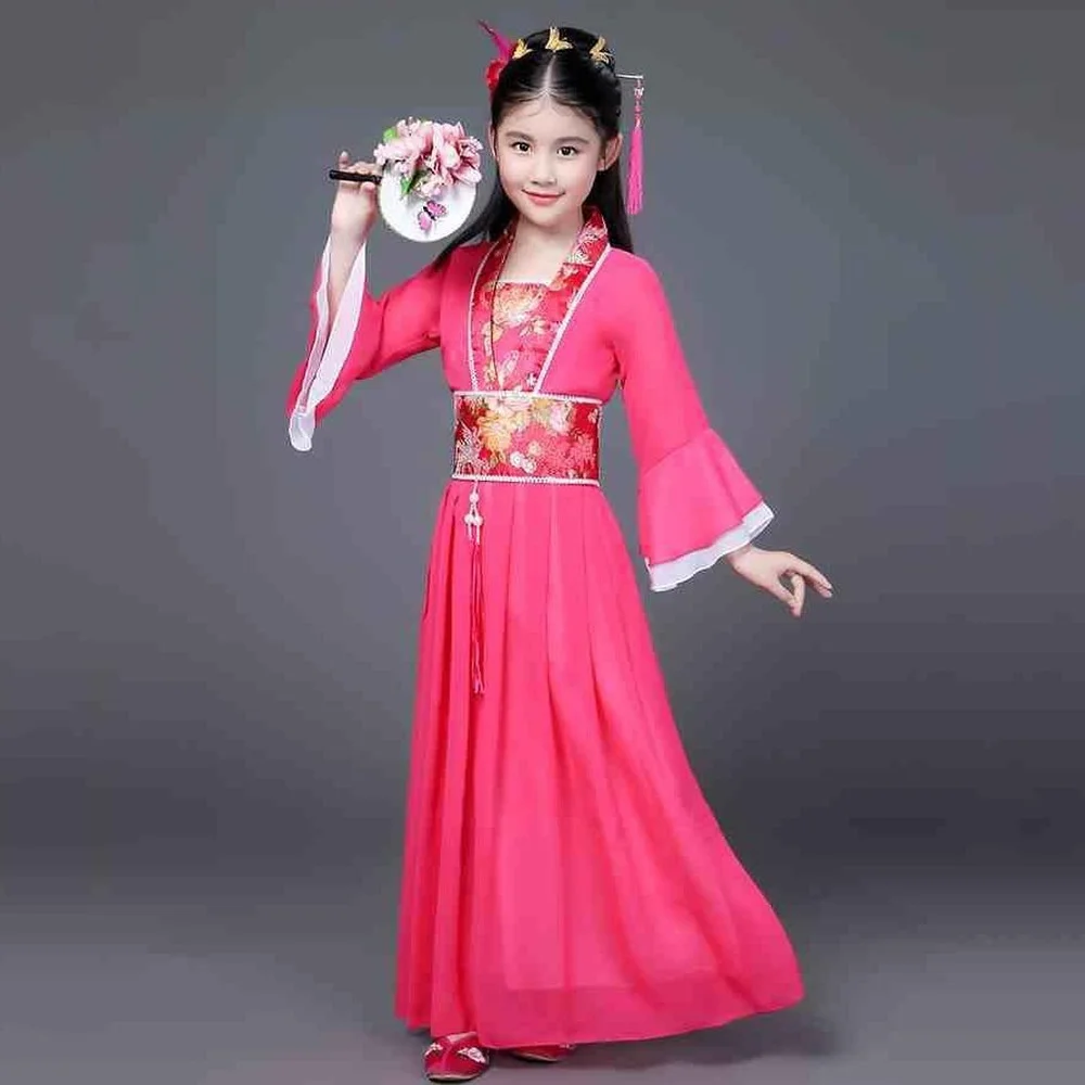 Traditional Dance Fans Chinese Traditional Dress for Kids Hanfu Red Hot Pink Sky Blue White Green Yellow Halloween Girls Costume