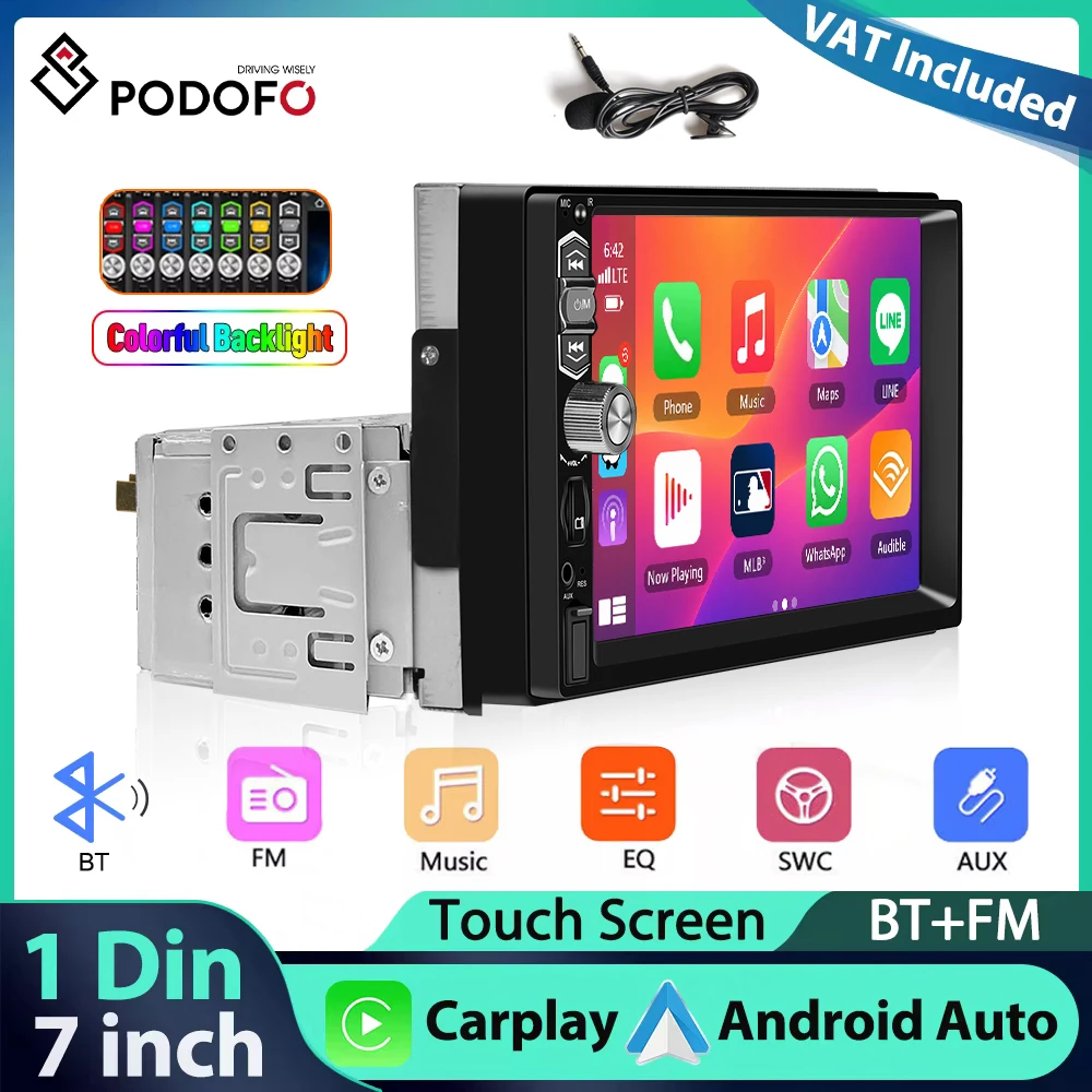 Podofo Autoradio 1Din MP5 7'' con CarPlay Wireless, Android Auto, Mirror Link, Bluetooth, FM, USB, AUX