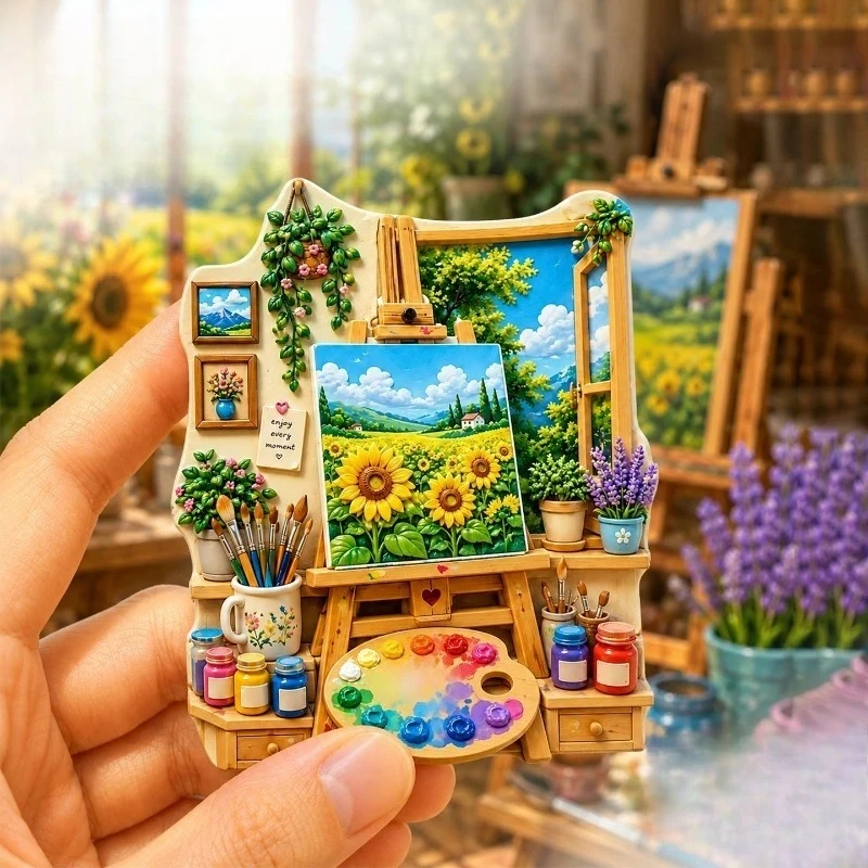 Easel Sunflower Field Fridge Magnet - Inspiring 3D Art Souvenir Unique Gift for Travel & Creative Home Decor