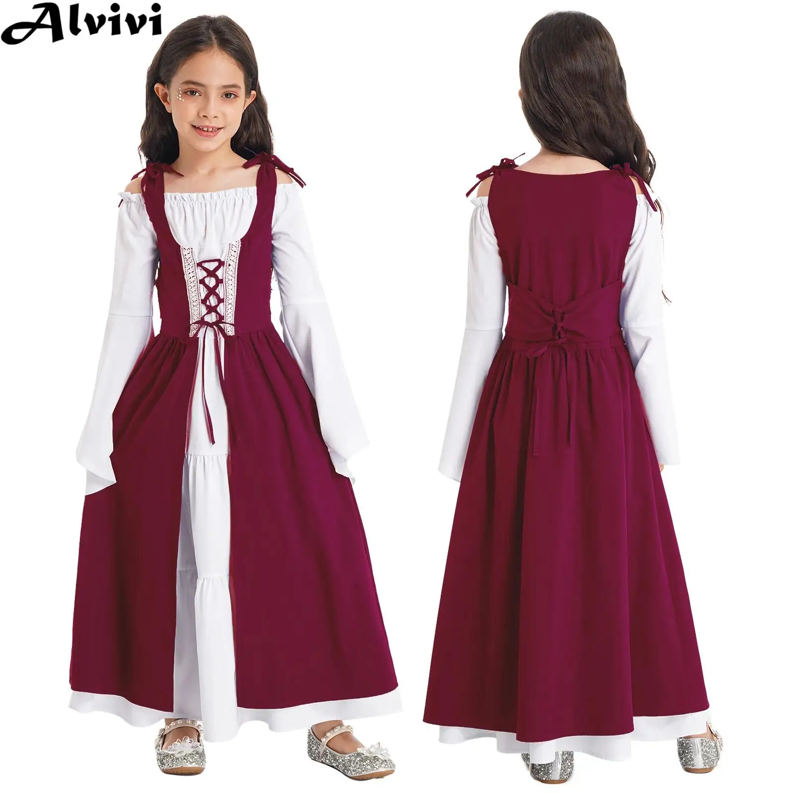 Vestido de festa de dança vintage de manga comprida para meninas, festa temática de Halloween infantil, princesa medieval renascentista