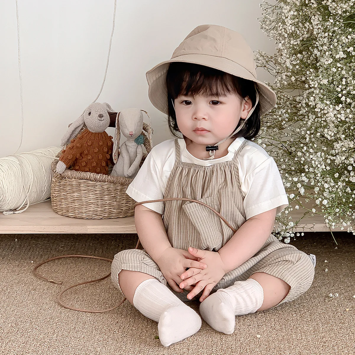 

Summer 2024 Ins Baby Boys 2PCS Clothes Set Muslin Solid T-shirts Striped Thin Loose Croped Overalls Suit Infant Boys Outfits