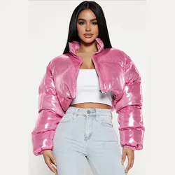 Jaquetas puffer de couro PU para mulheres, casacos finos de cintura alta, parkas curtos fofos, jaqueta com zíper rosa brilhante, fofa, inverno