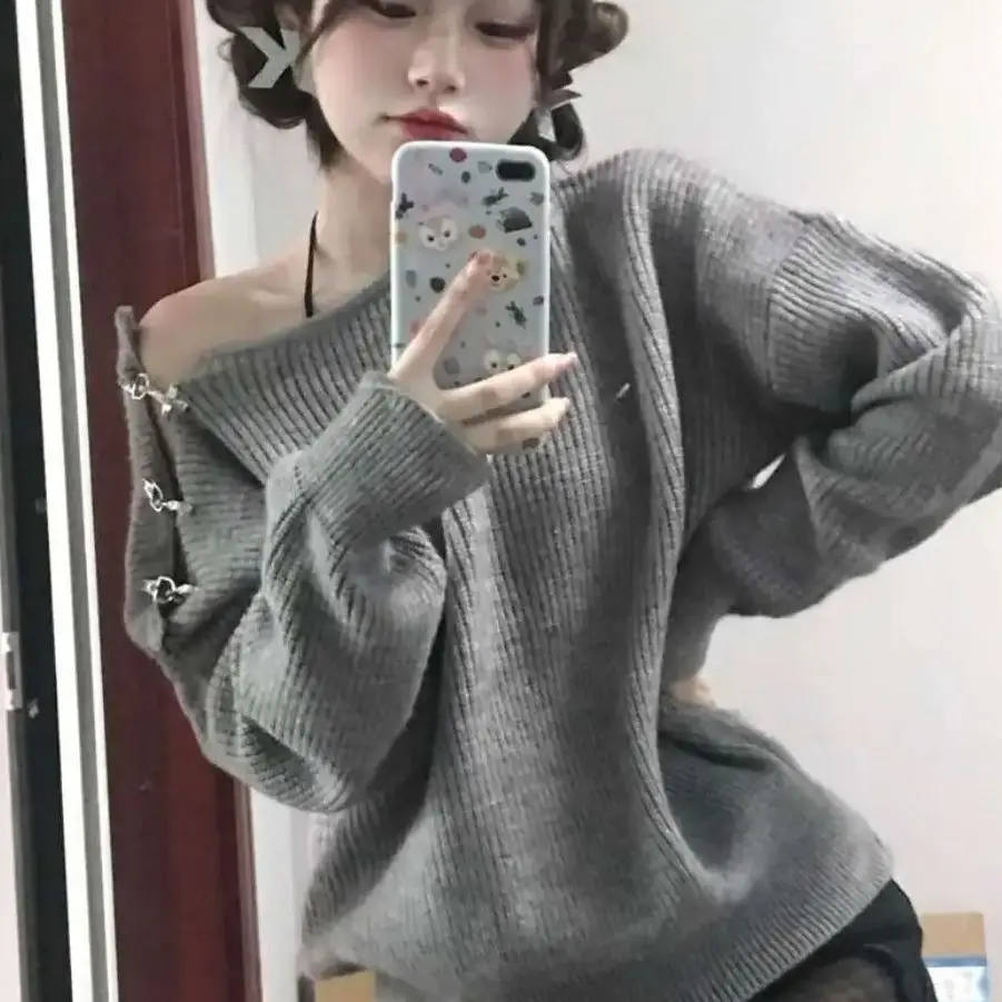 

Lazy Off-The-Shoulder Sweater Female Metal Buckle Hollow Diagonal Shoulder Korean Style Design Autumn Winter Niche Knitting