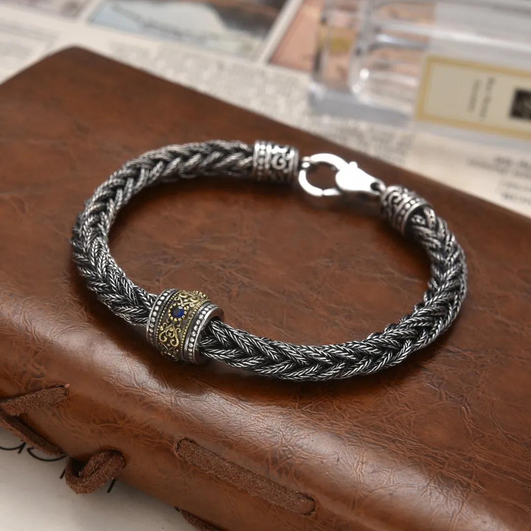 

Retro accessories Transfer bead bracelet boy silver 925 handmade couple hand-woven bracelet female silver jewelry