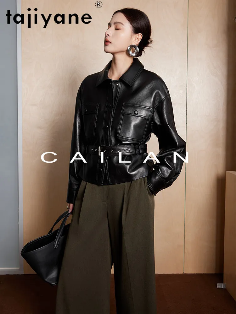 TAJIYANE オイルワックス加工シープスキンレザージャケット女性用スタイリッシュベルトコートショートリアルレザージャケット2026春婦人服дубленка