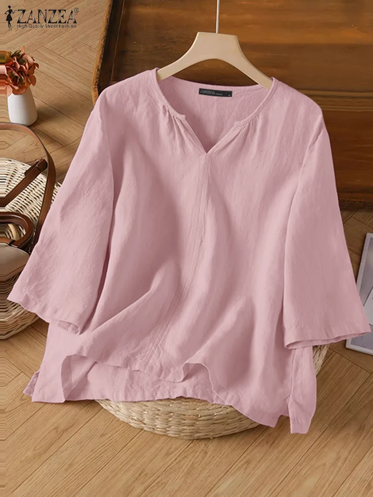 ZANZEA 2025 Summer Solid Color Blouses Women Vintage Cotton Tops Elegant V Neck Short Sleeve Work Shirt Casual Loose Chemise